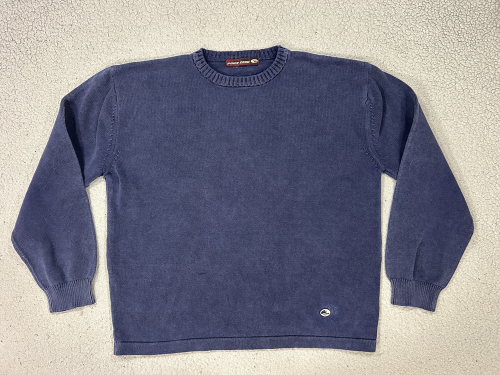 Y2K Point Zero Sweater Mens Large Blue Cotton Crewneck Logo Pullover Surfcore